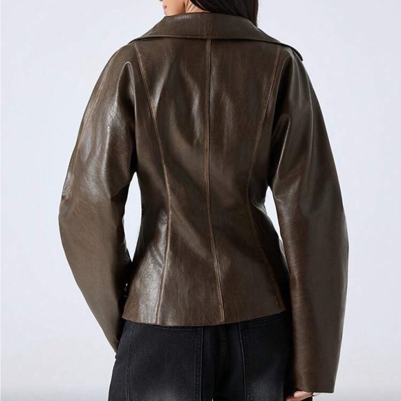 Brown zipper cinch waist puff sleeve blazer distressed brown faux leather jacket - Picture 2 of 7